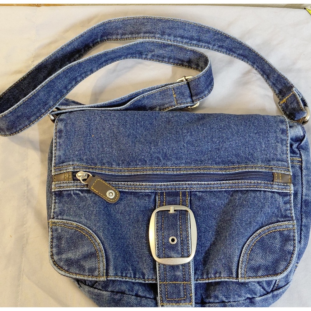 Blue Denim Crossbody Bag Adjustable Strap Buckle Zip Pockets Messenger Purse